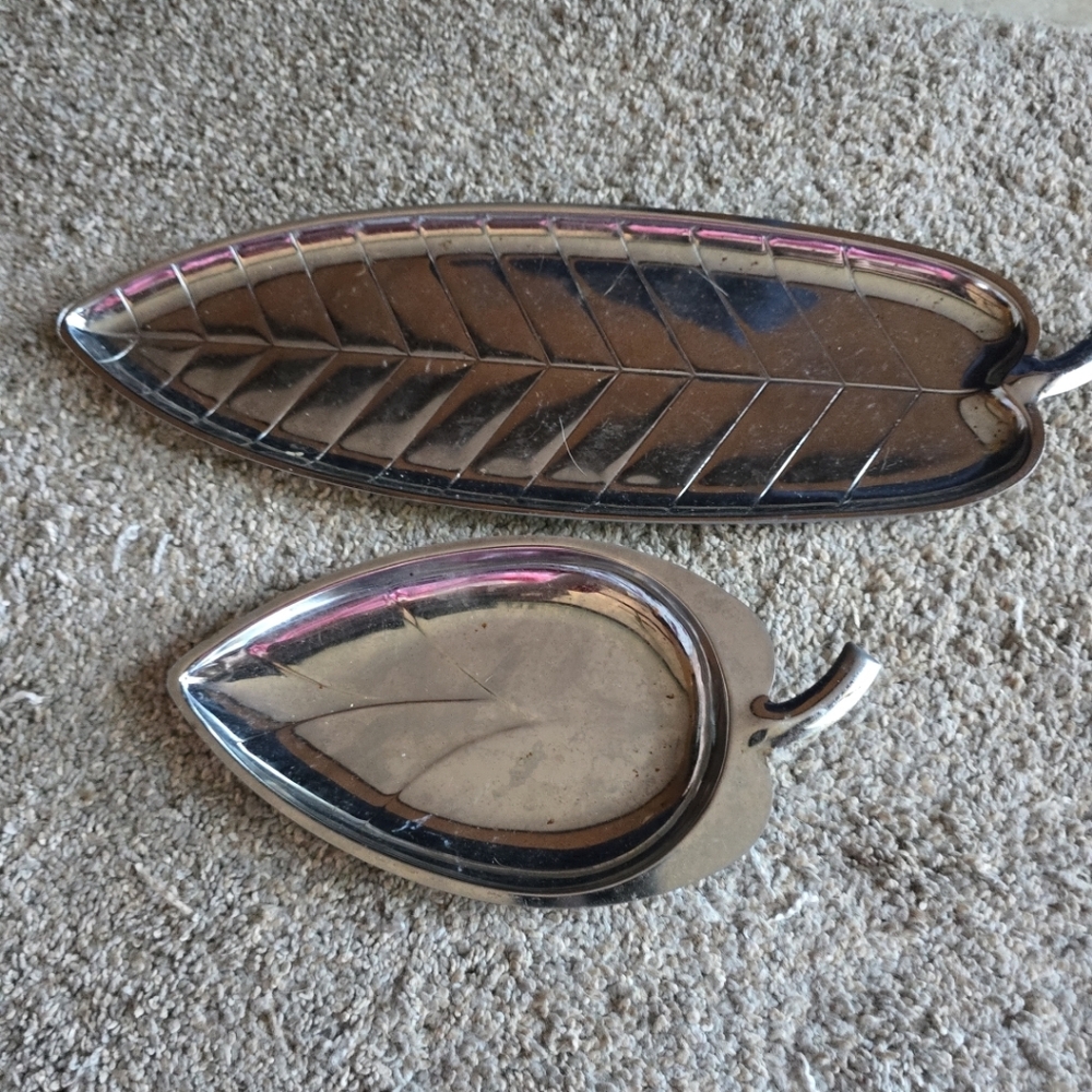 Two Vintage Silver-Plated Banana Leaf Serving Trays